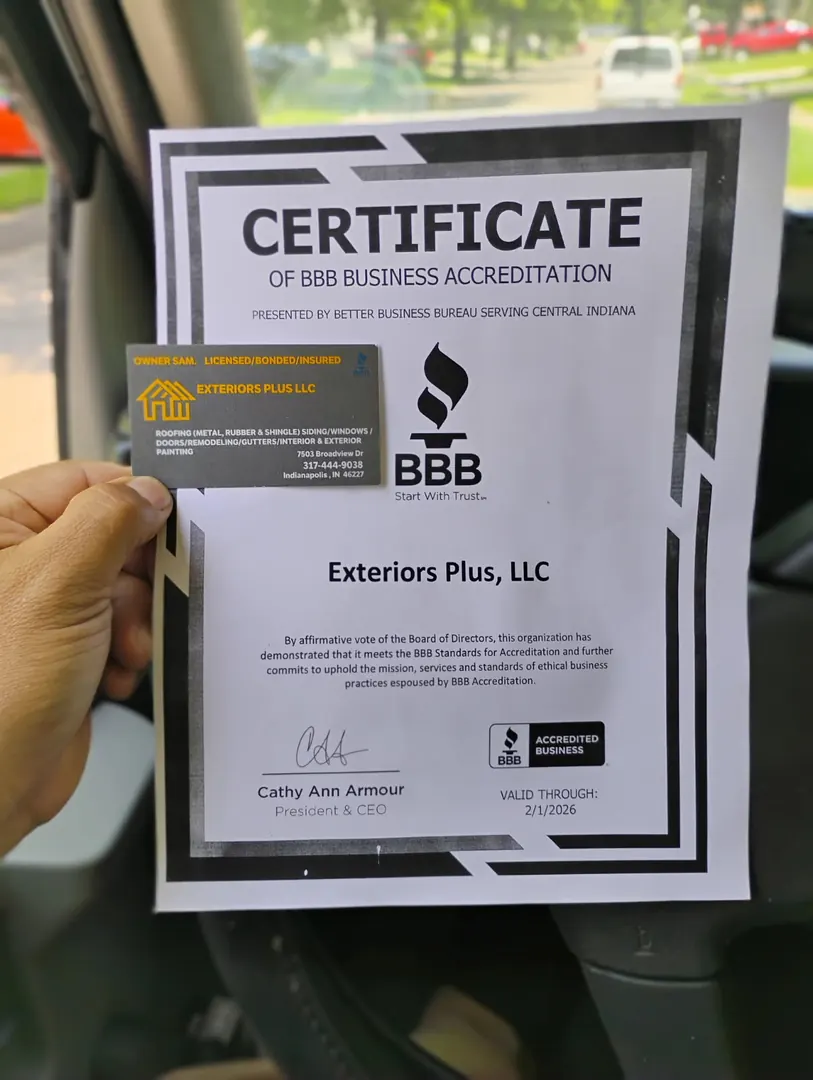 Certificate of BBB Business Accreditation issued to Exteriors Plus LLC